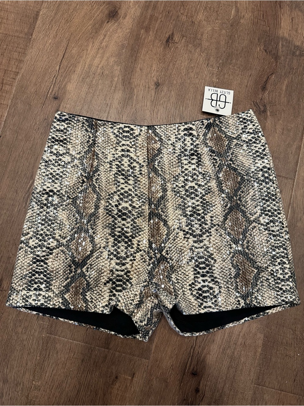 Snake Print High-Waist short Shorts with sequin coating small NWT glitzy Bella